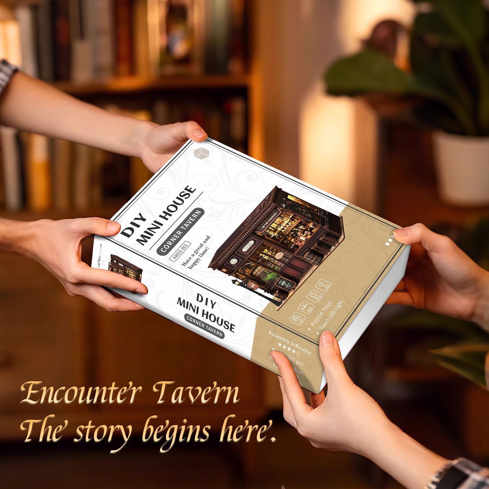 DIY mini house kit box held in hands with corner tavern model shown on packaging