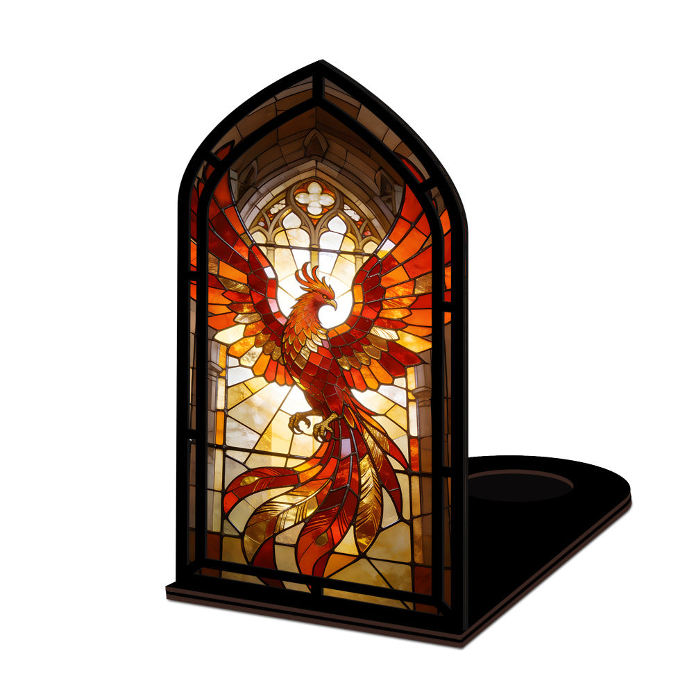 Stained-glass phoenix firebird display with glowing phoenix window and black base