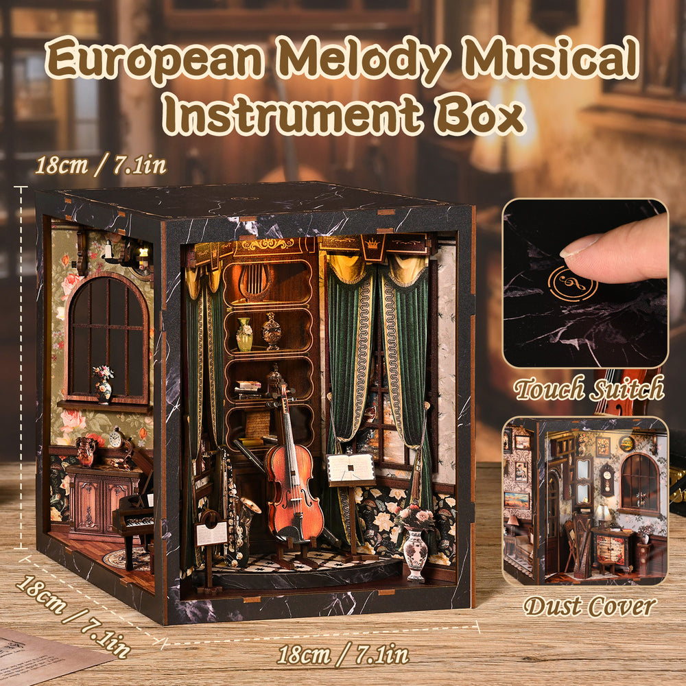 Miniature musical instrument display box with violin, shown with inset touch switch and dust cover