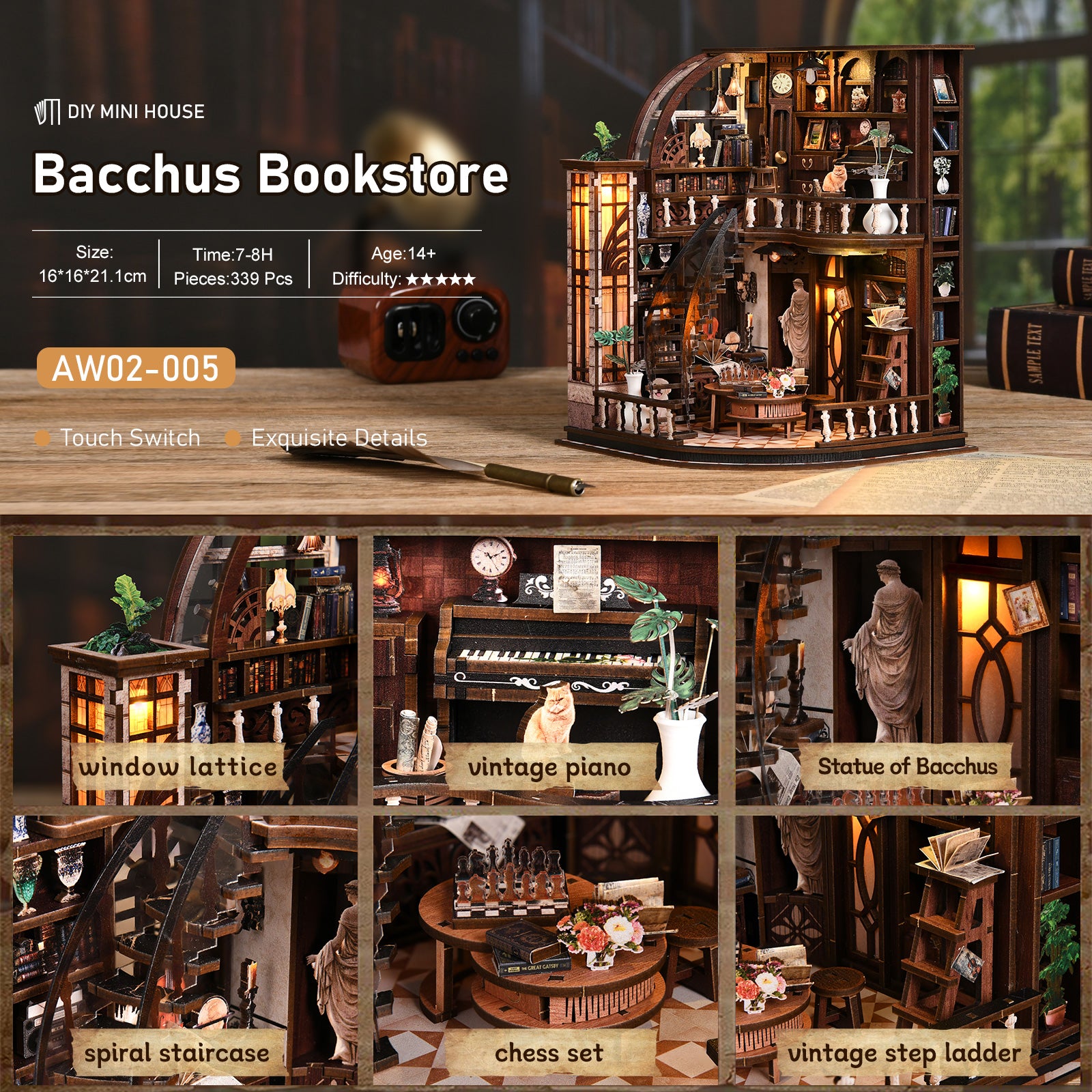 DIY miniature bookstore kit with detailed multi-room building and miniature furniture.