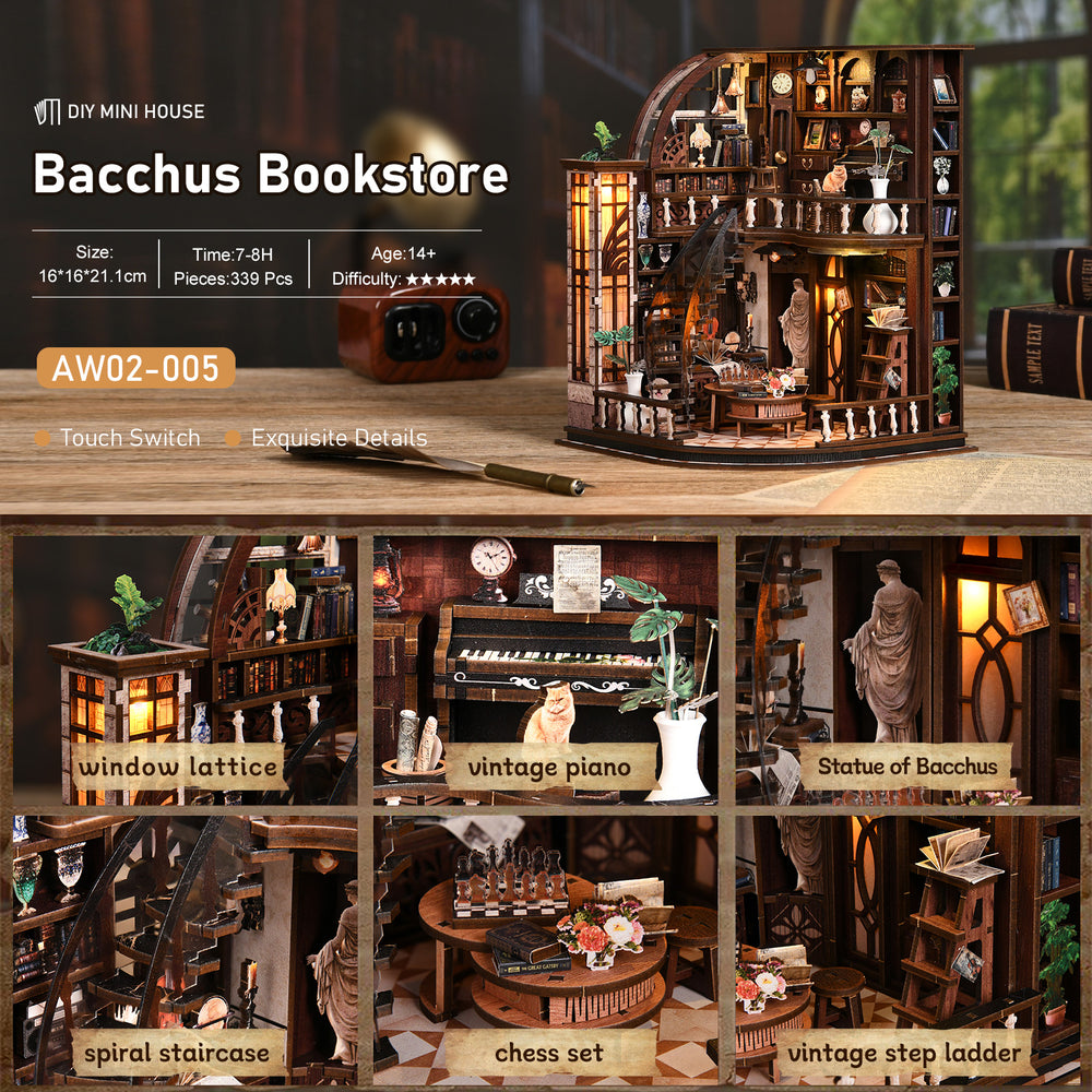 DIY miniature bookstore kit with detailed multi-room building and miniature furniture.