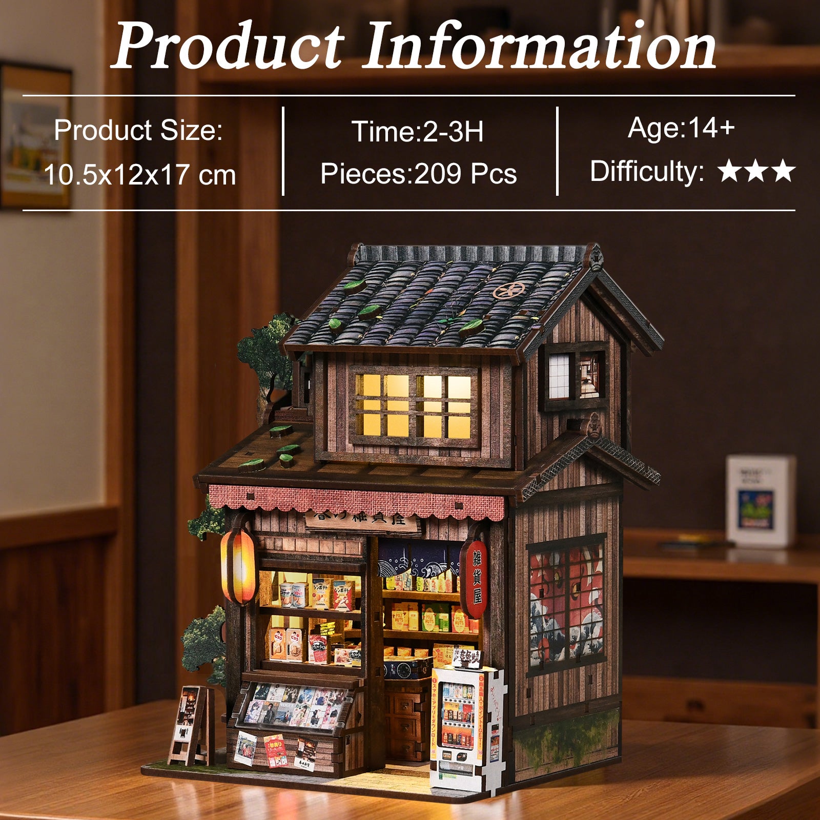 Miniature grocery store model on table with product info details above