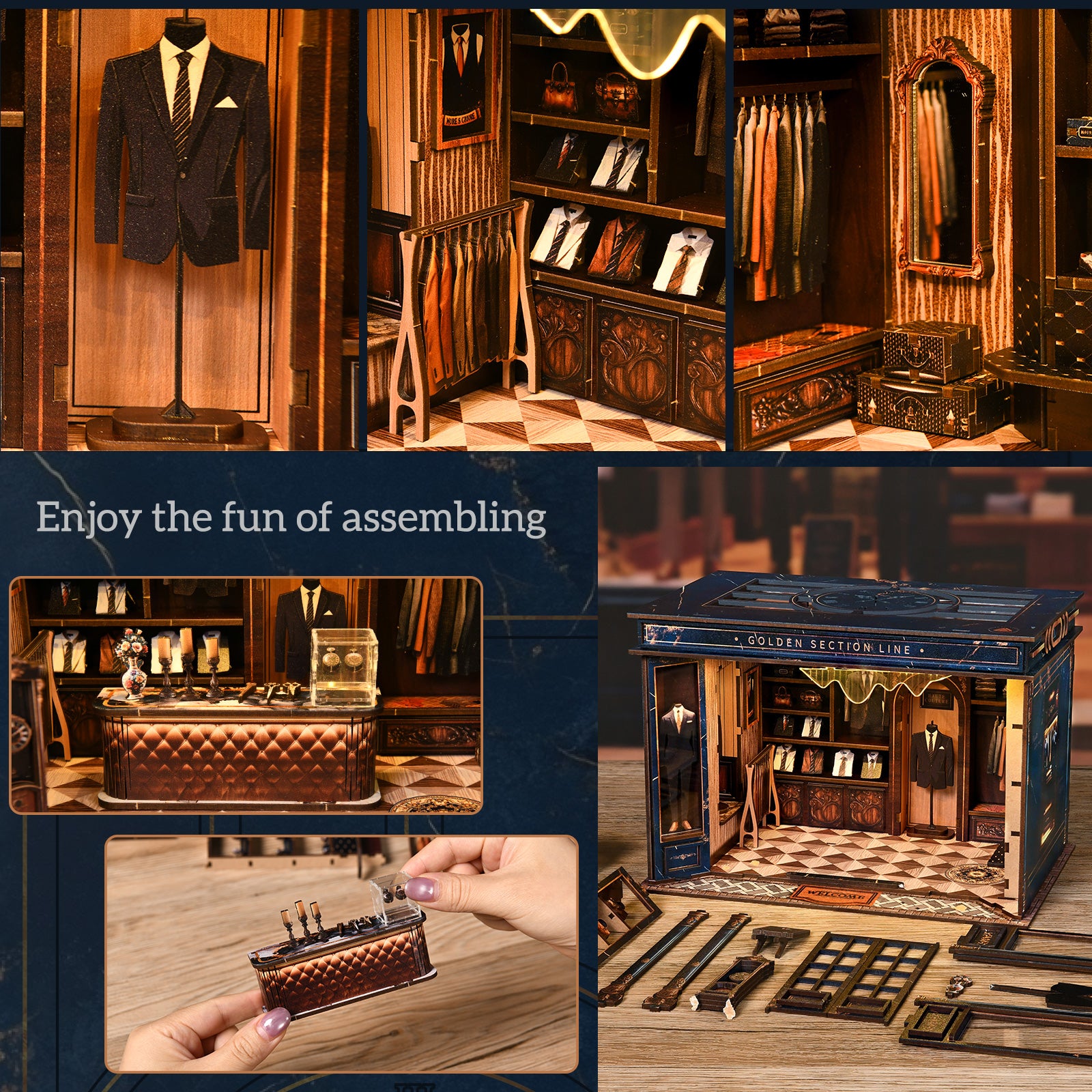 Assembled miniature dollhouse interior scene with suit displays and small accessories.