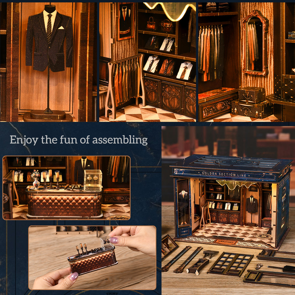 Assembled miniature dollhouse interior scene with suit displays and small accessories.