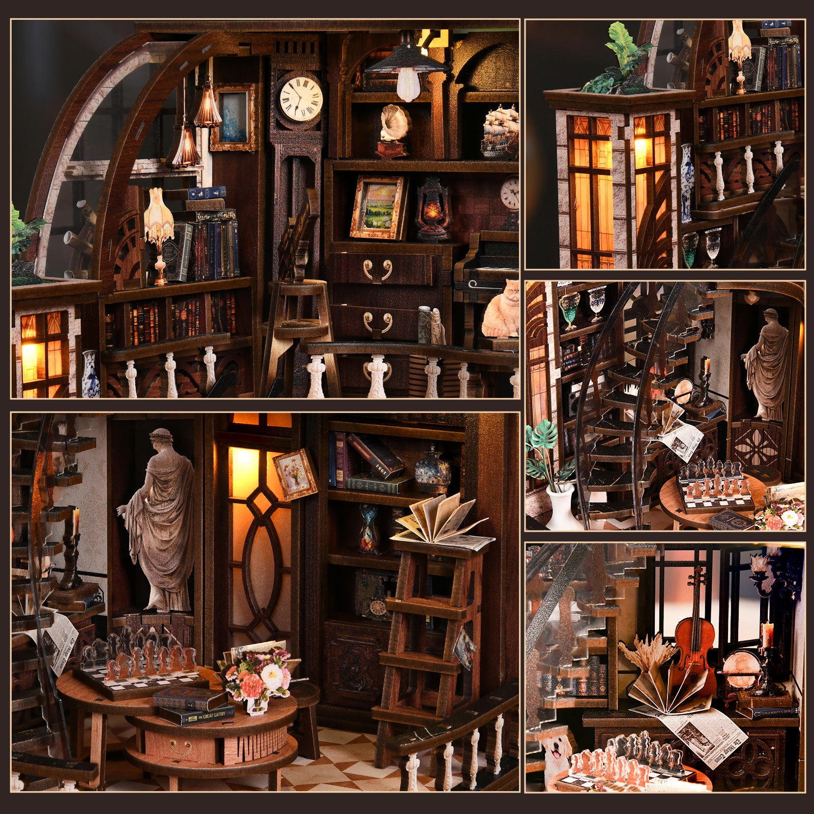Miniature wooden bookstore interior with lit display shelves, desk, and small collectibles