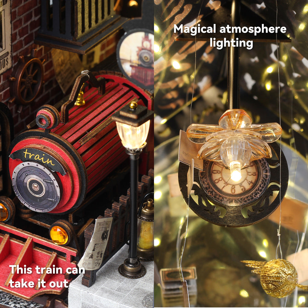 Miniature red toy train and glowing hanging lanterns in book nook diorama