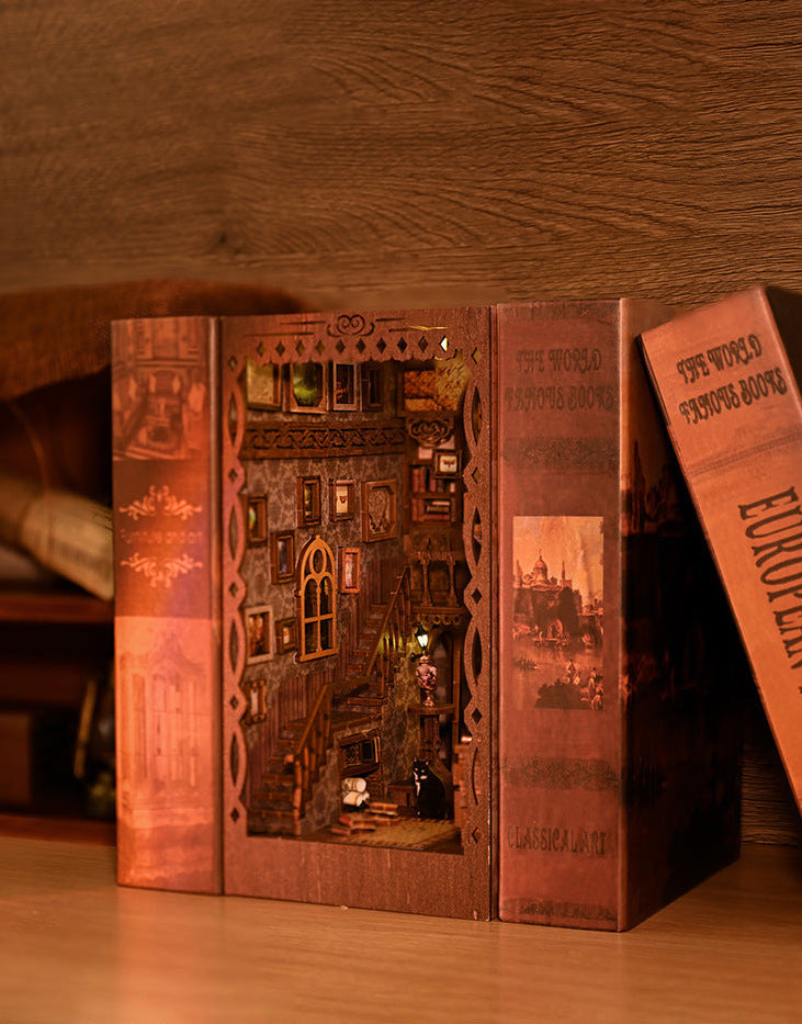 Wooden mini book nook side panels with decorative book spines and small window