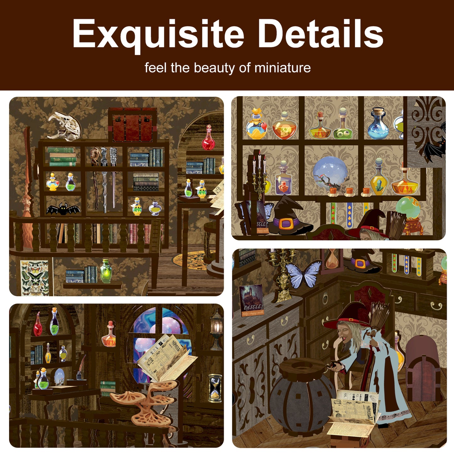 The image is a collage of four different scenes depicting a room filled with various objects, including shelves, bottles, and a clock. The collage is titled "Exquisite Details" and "feel the beauty of miniature", suggesting that the images are focused on the intricate details and small scale of the miniature world.