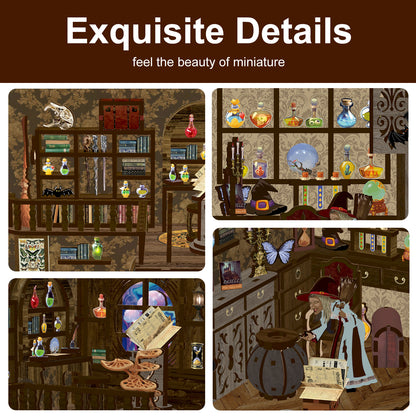 The image is a collage of four different scenes depicting a room filled with various objects, including shelves, bottles, and a clock. The collage is titled "Exquisite Details" and "feel the beauty of miniature", suggesting that the images are focused on the intricate details and small scale of the miniature world.