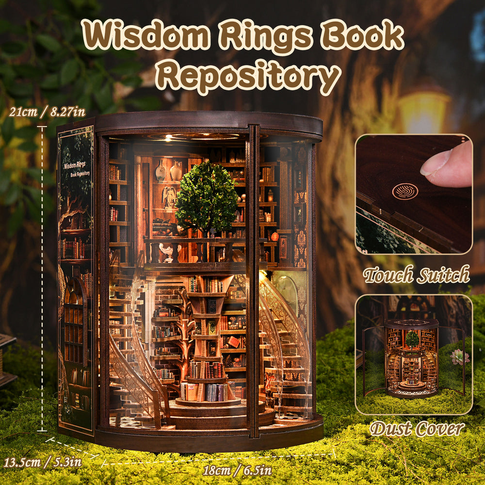 Miniature wooden book repository display with detailed shelves and touch-switch feature inset
