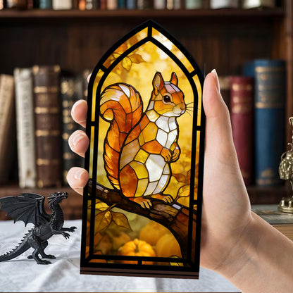 The Harvest Gatherer | Squirrel & Pumpkins Book Nook with Candle Glow