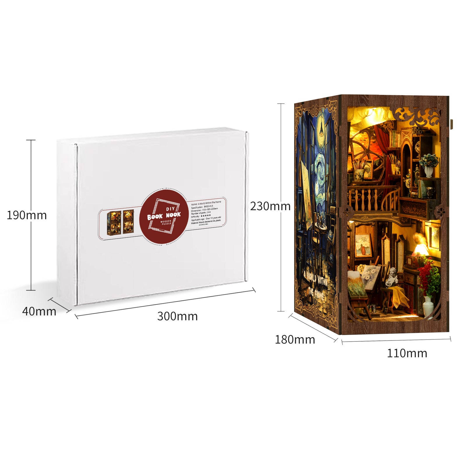 DIY book nook kit box with printed size diagram and miniature room image