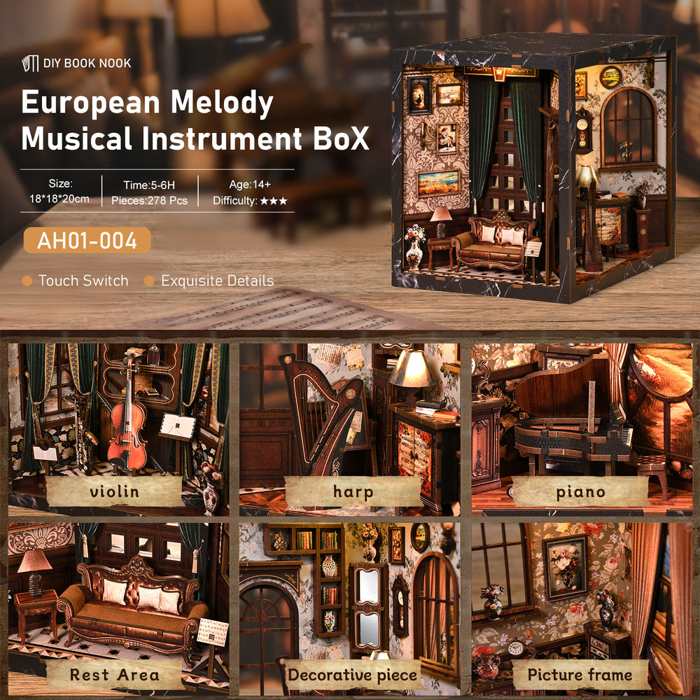 European melody musical instrument box miniature with lit room scenes and arched doors