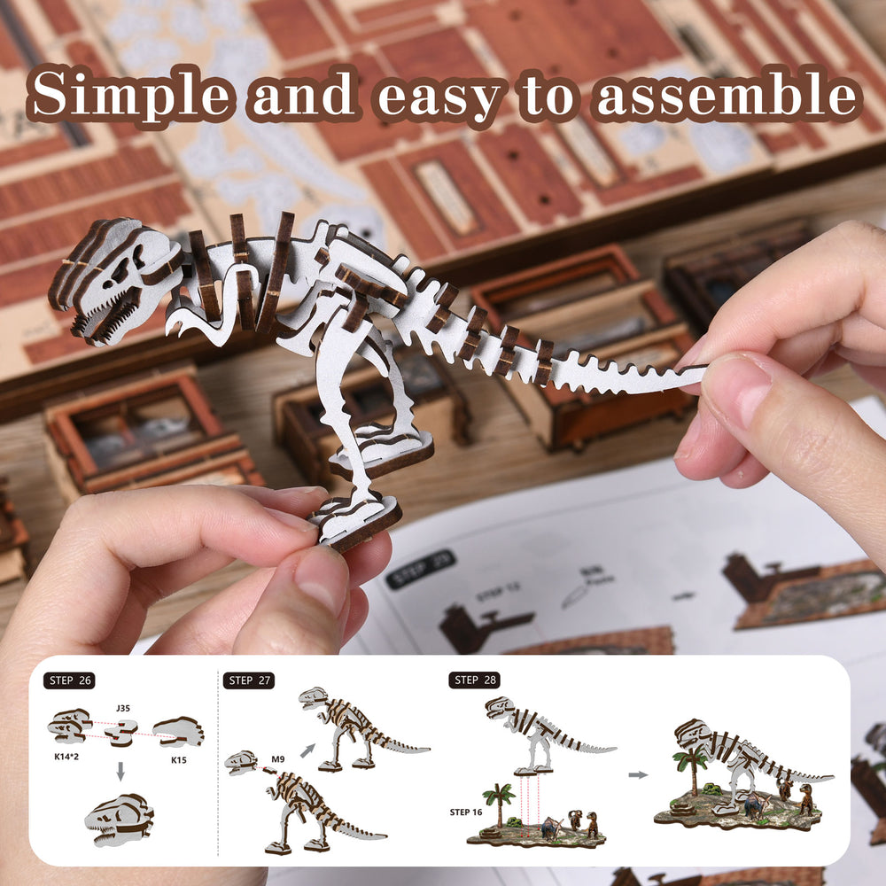 DIY miniature kit assembly: hands fitting dinosaur skeleton pieces over an instruction sheet