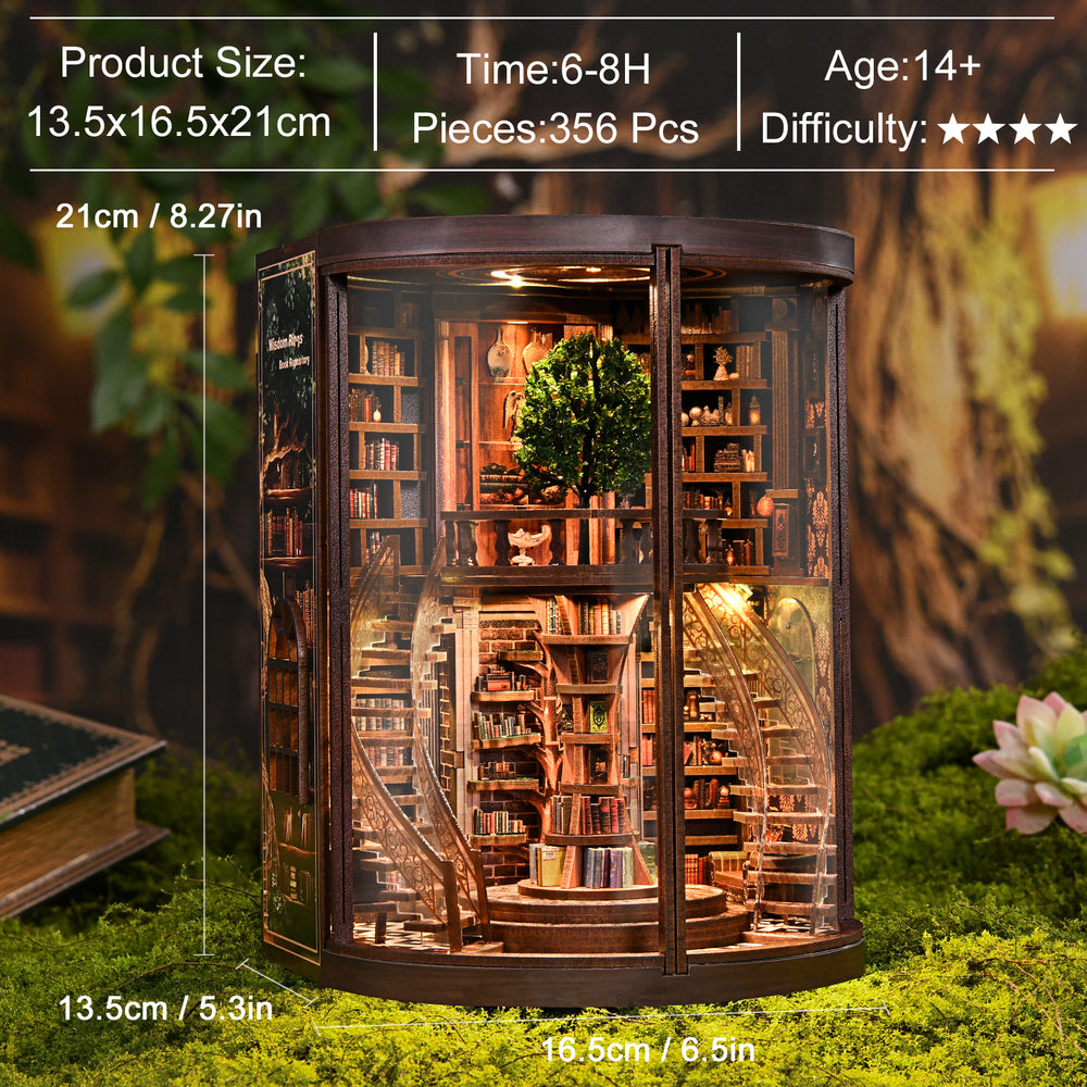 Miniature wooden book repository display showing front door opening and inner spiral shelves