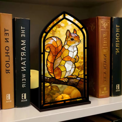 The Harvest Gatherer | Squirrel & Pumpkins Book Nook with Candle Glow