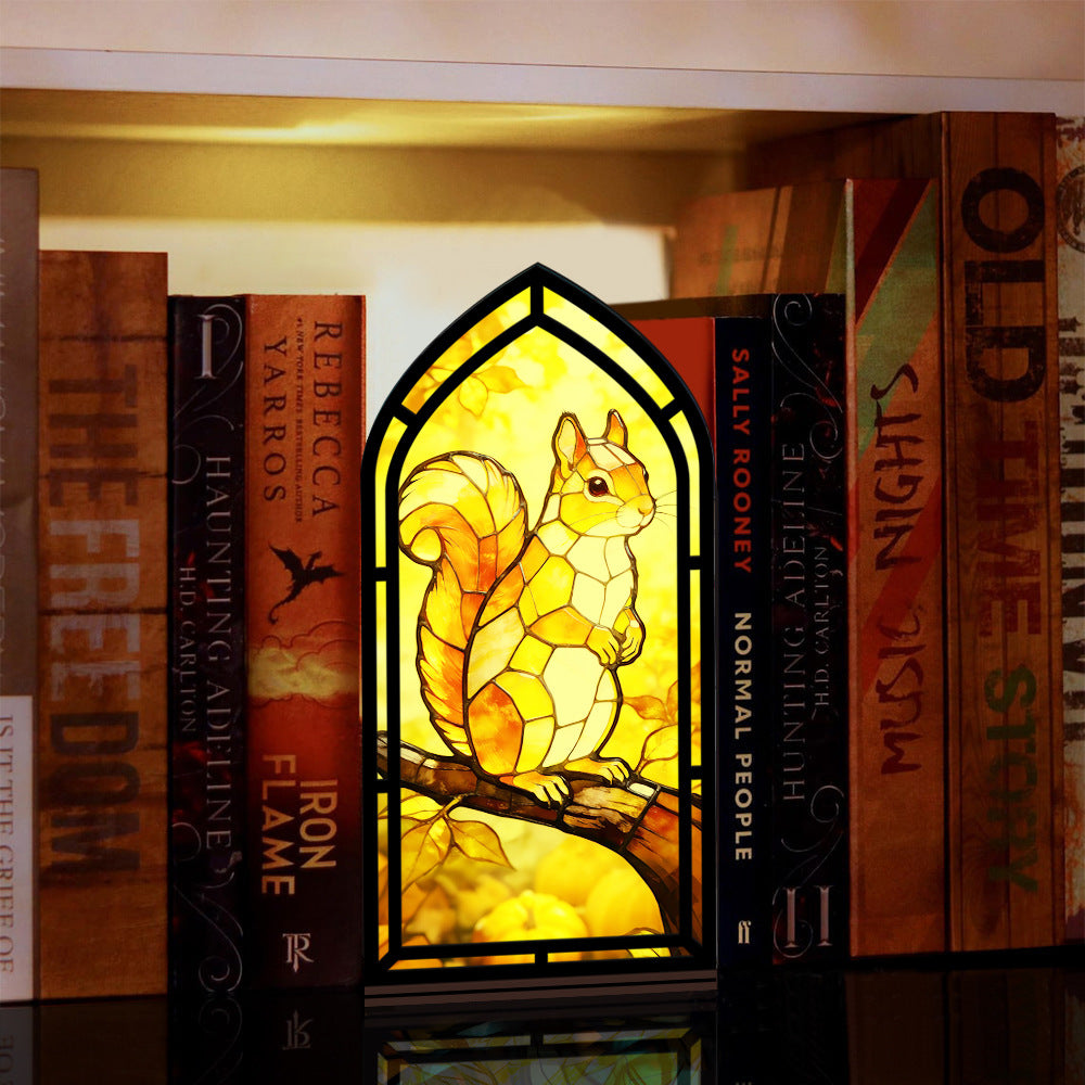 The Harvest Gatherer | Squirrel & Pumpkins Book Nook with Candle Glow