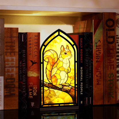 The Harvest Gatherer | Squirrel & Pumpkins Book Nook with Candle Glow