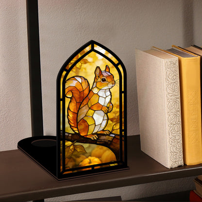 The Harvest Gatherer | Squirrel & Pumpkins Book Nook with Candle Glow