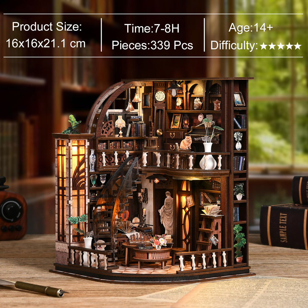 DIY miniature bookstore model display with clock, statue, and arched shelving.