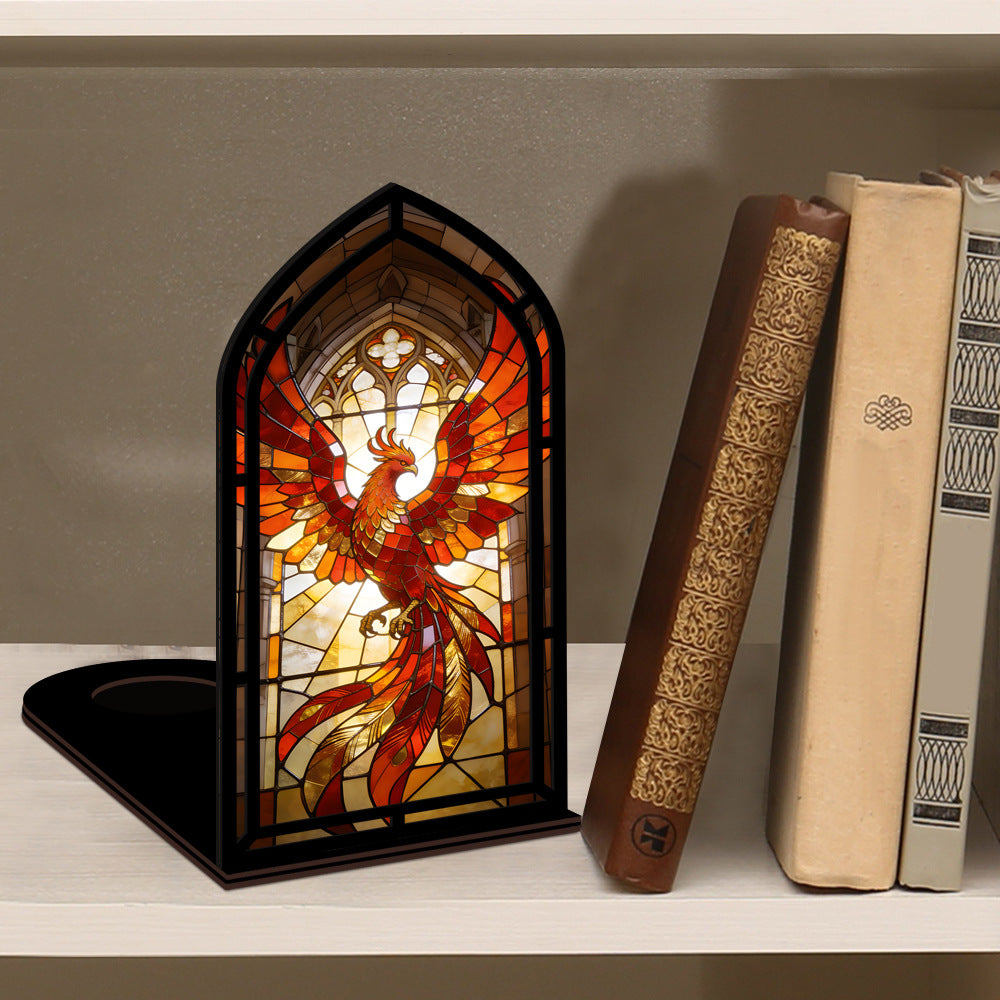 Stained-glass phoenix firebird display on black base, glowing phoenix panel