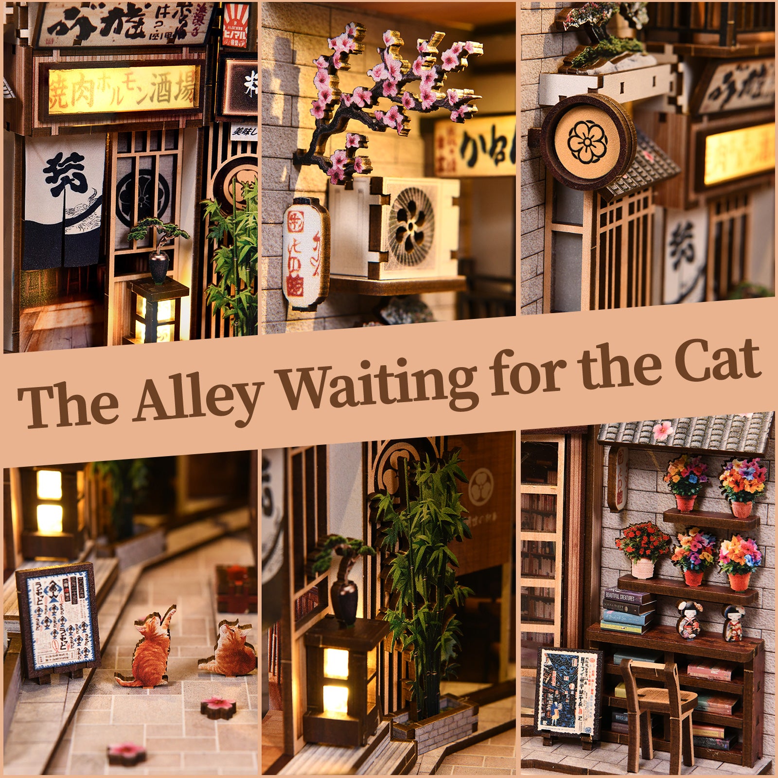 DIY book nook kit: miniature alley house with storefront doors, plants, and hanging signs