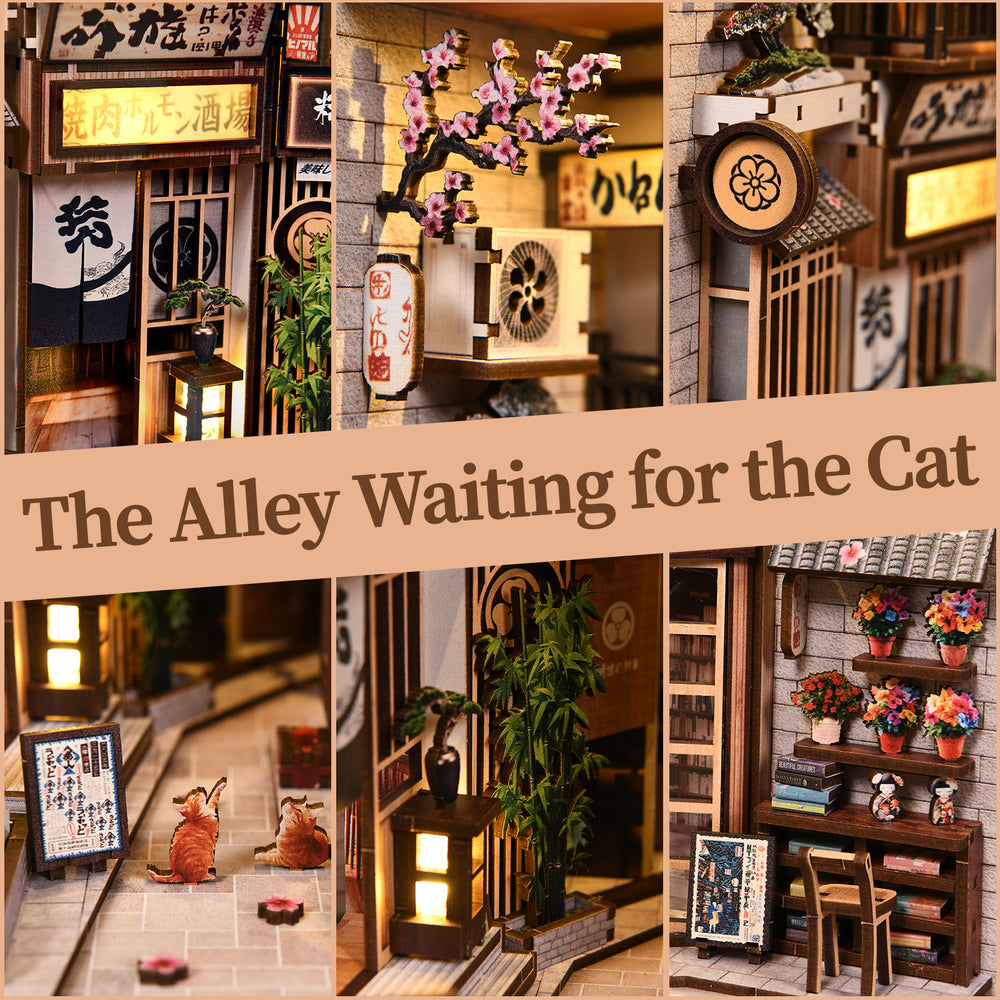 DIY book nook kit: miniature alley house with storefront doors, plants, and hanging signs