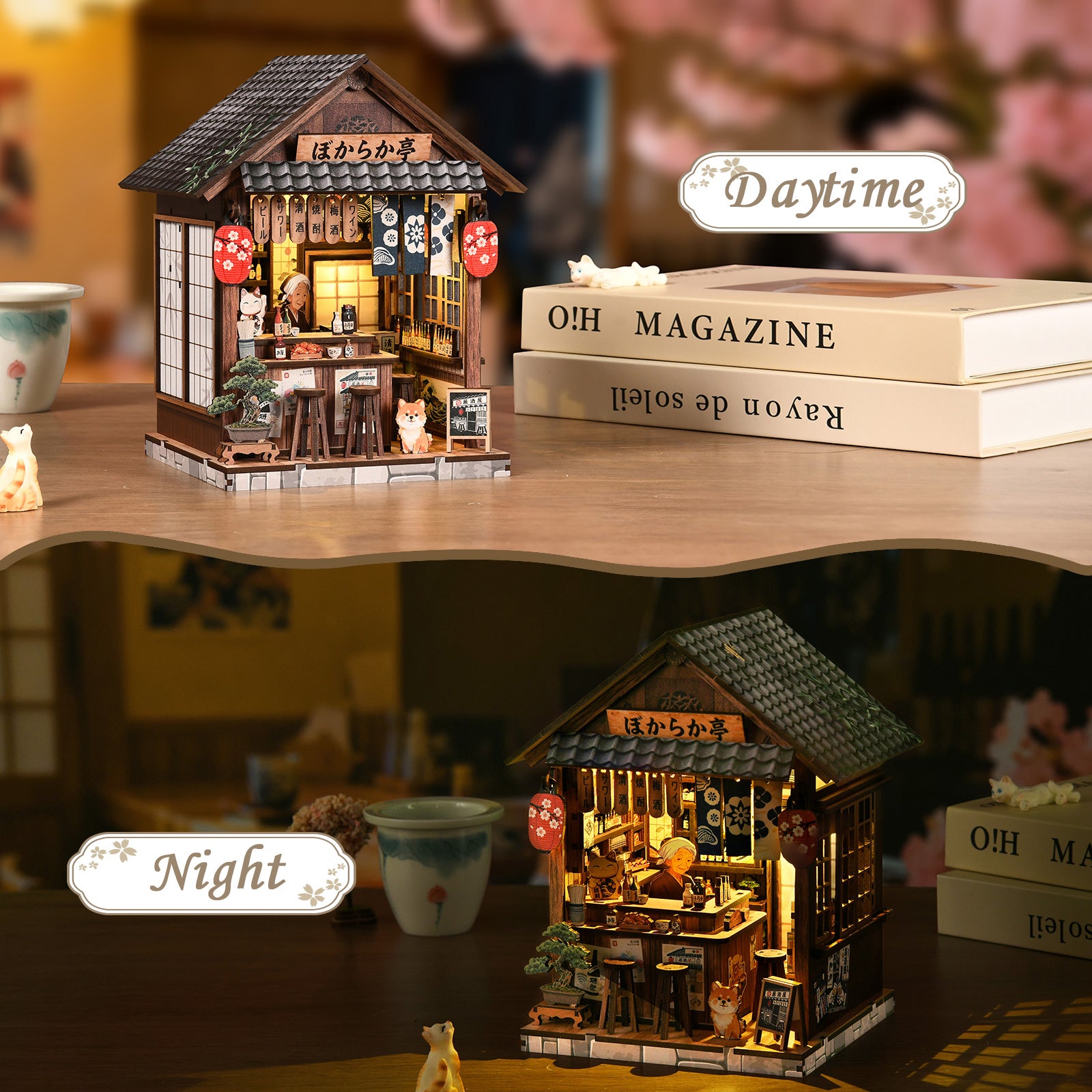 Miniature wooden pub book nook house on desk with lit interior and small cat figure