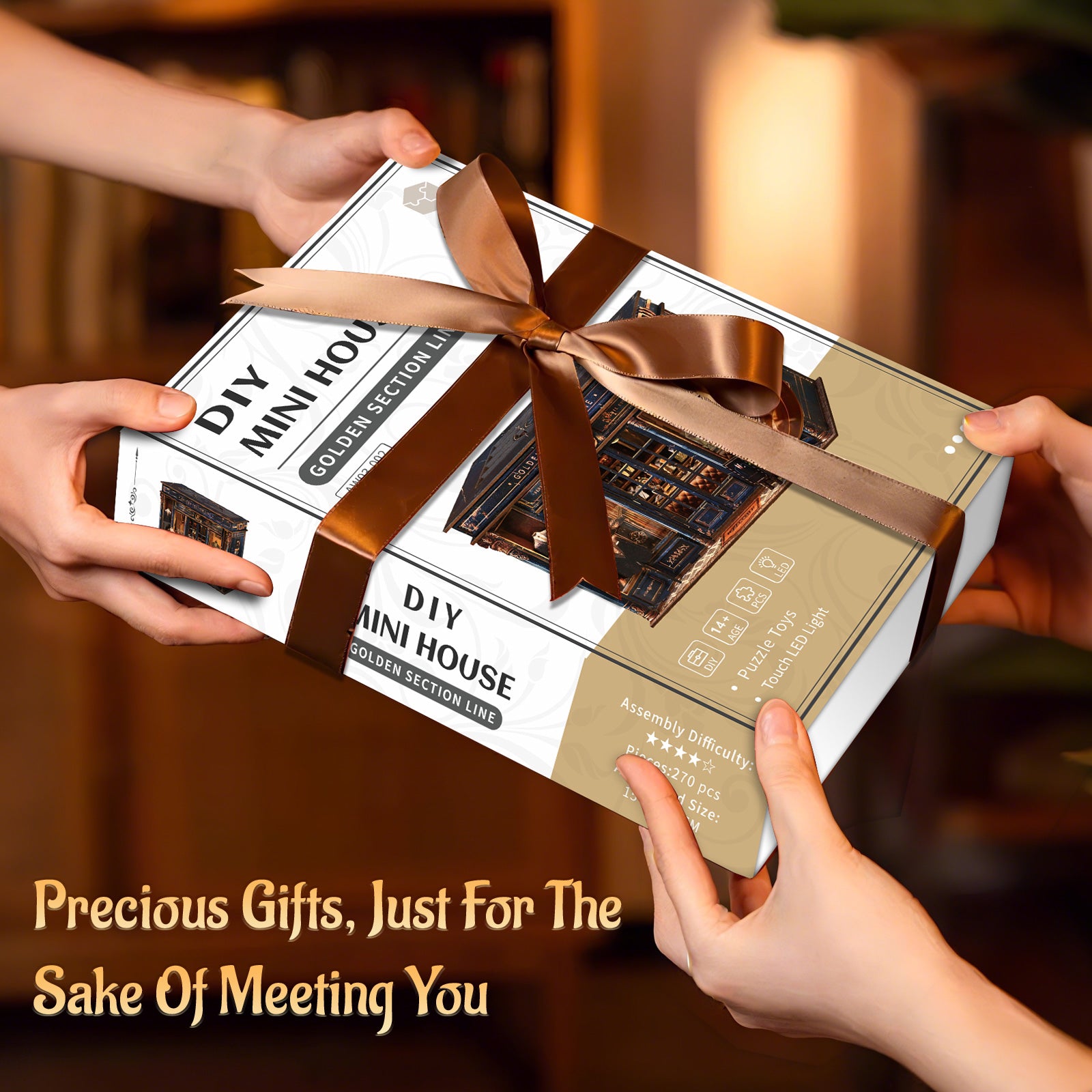 DIY mini dollhouse kit gift box held with brown ribbon bow.