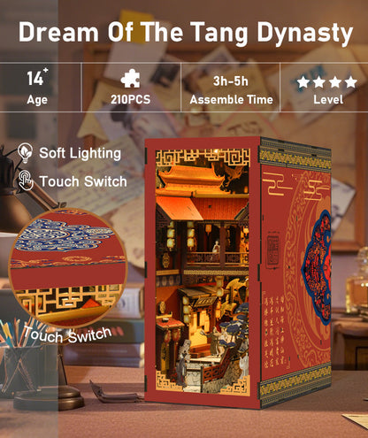 The image is a product advertisement for a 3D model of a traditional Chinese temple, called the Dream of the Tang Dynasty. The model is described as a "soft lighting touch switch" and is made up of "210Pcs". The product is designed for children and is suitable for ages 14 and up.
