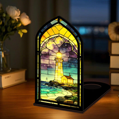 The Starlight Beacon | Cosmic Night Lighthouse Book Nook with Candle Glow