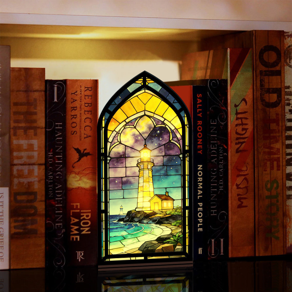 The Starlight Beacon | Cosmic Night Lighthouse Book Nook with Candle Glow