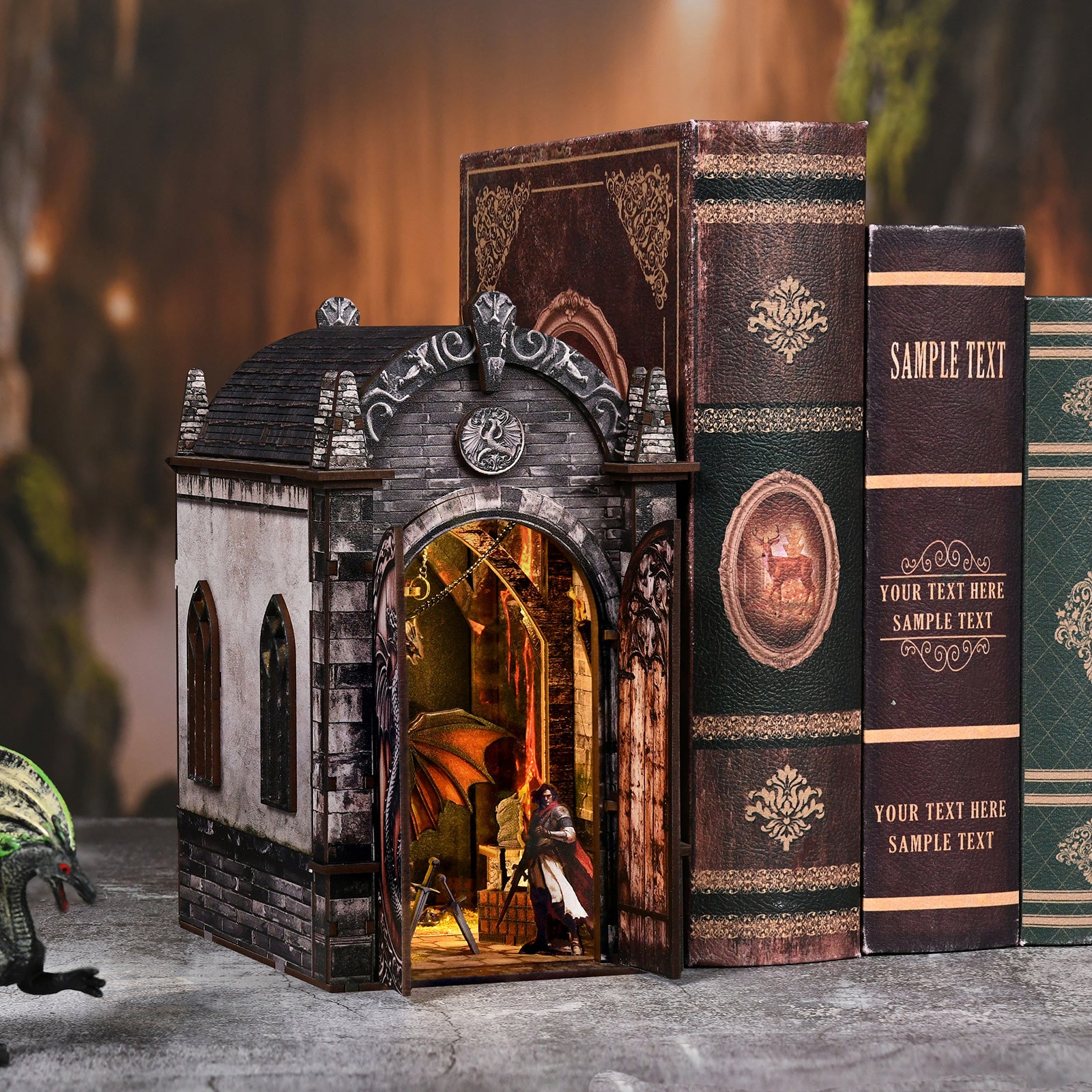 Dragon booknook house with arched entrance and sculpted dragon artwork panels
