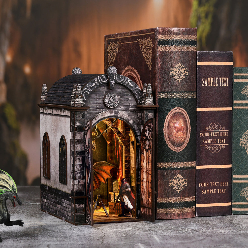 Dragon booknook house with arched entrance and sculpted dragon artwork panels