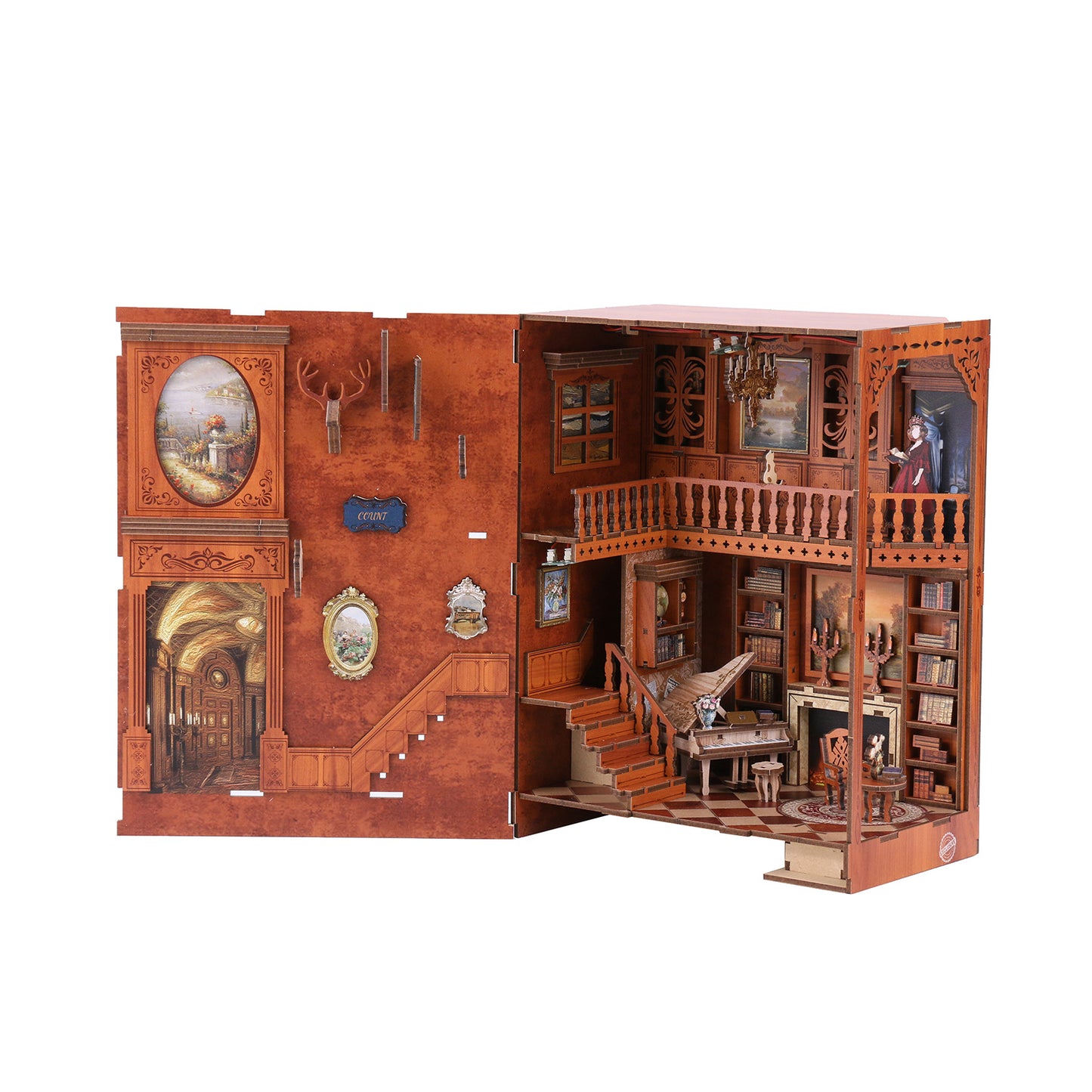 A detailed wooden dollhouse with intricate architectural features, including a balcony, staircase, and various decorative elements.
