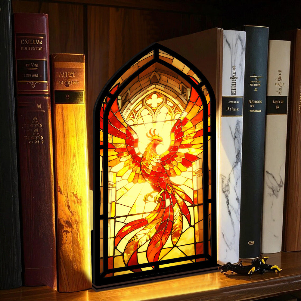 Stained-glass phoenix firebird display with glowing phoenix artwork, black frame