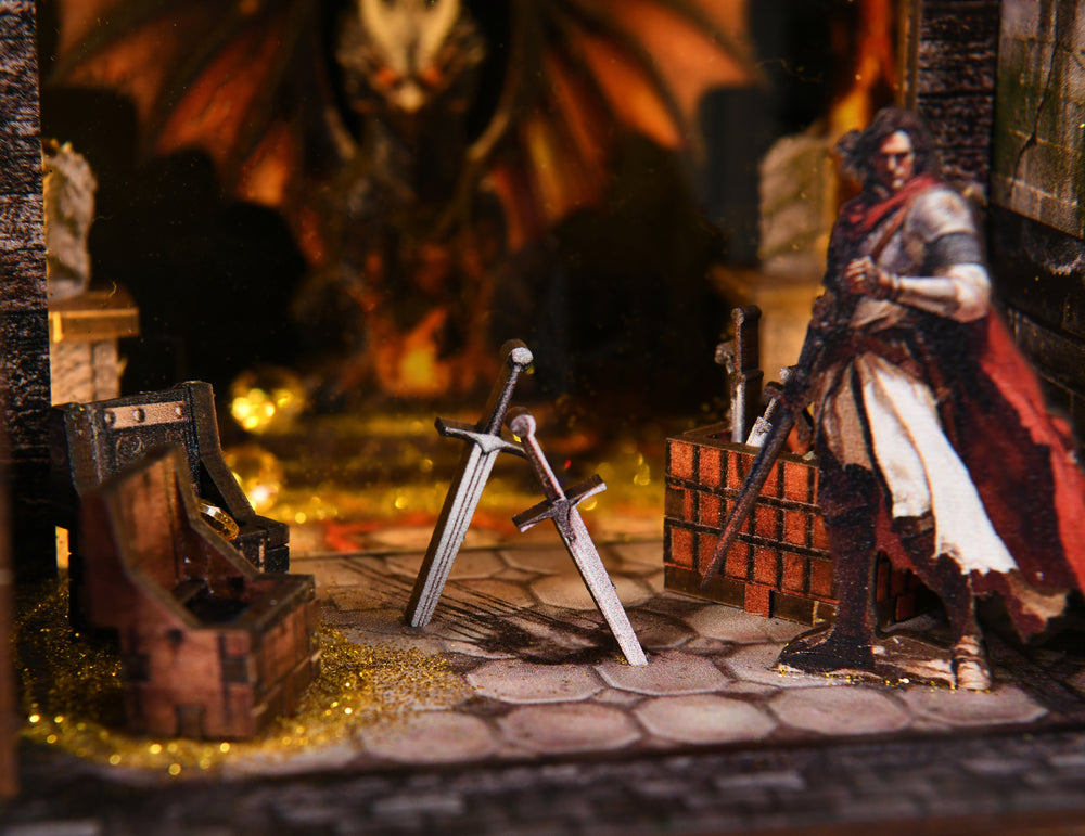 Miniature fantasy scene with armored figure, sword stand, and fiery background