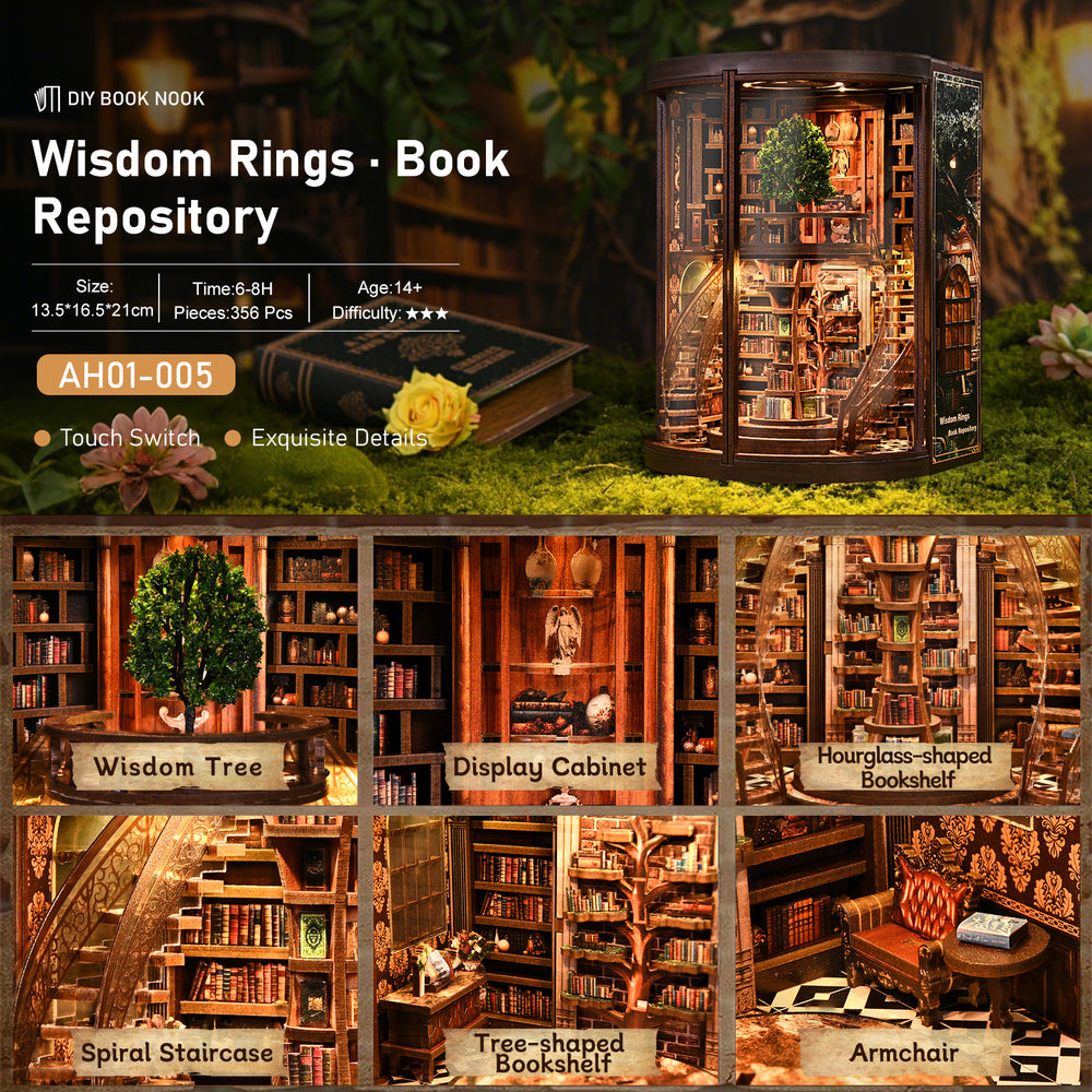 Miniature wooden book repository display cabinet with touch-lit shelves and round enclosure