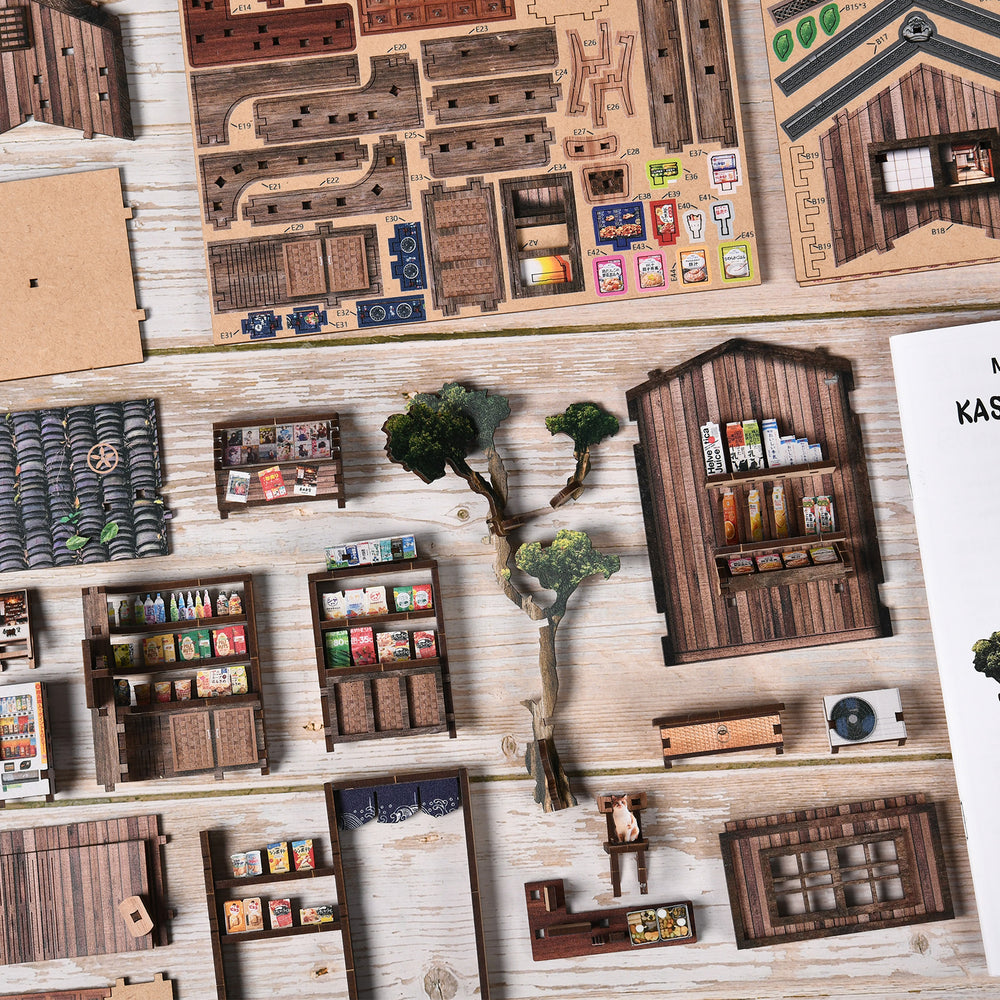 DIY miniature grocery store kit, top view of wall panels and small storefront props