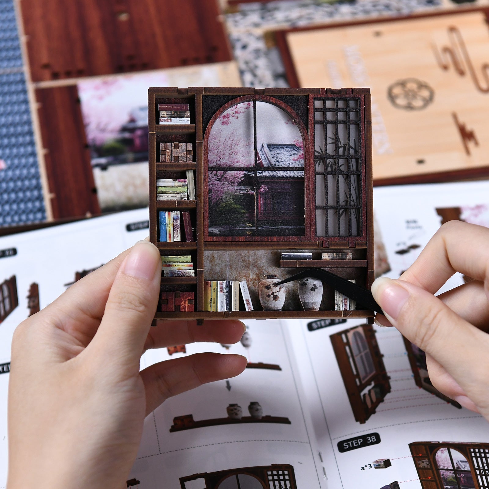 DIY miniature house kit, open wooden frame with window panels and shelves