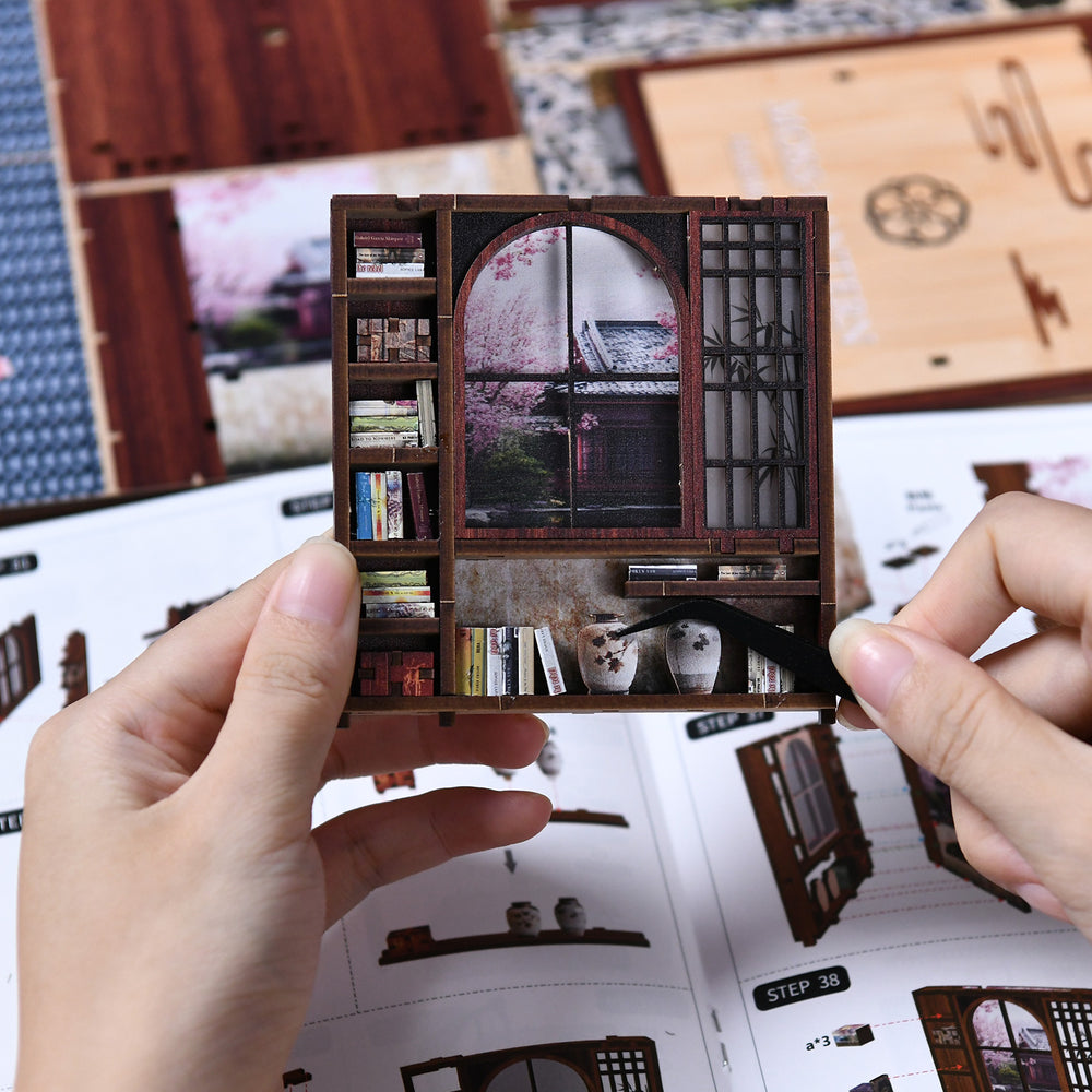 DIY miniature house kit, open wooden frame with window panels and shelves