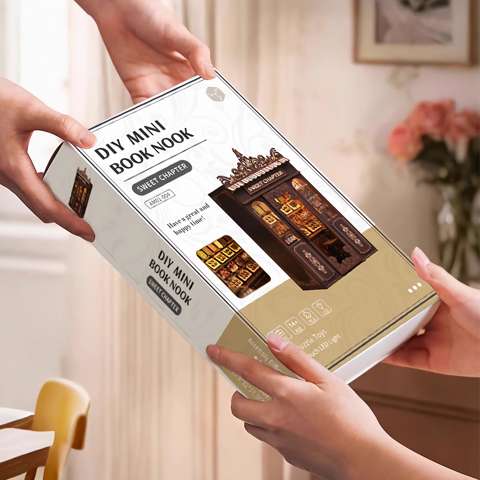 DIY mini shop kit box held by hands, showing front label and mini storefront photo