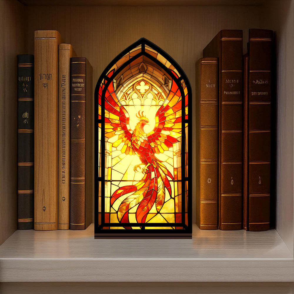 Stained-glass phoenix firebird display with glowing phoenix window, black base