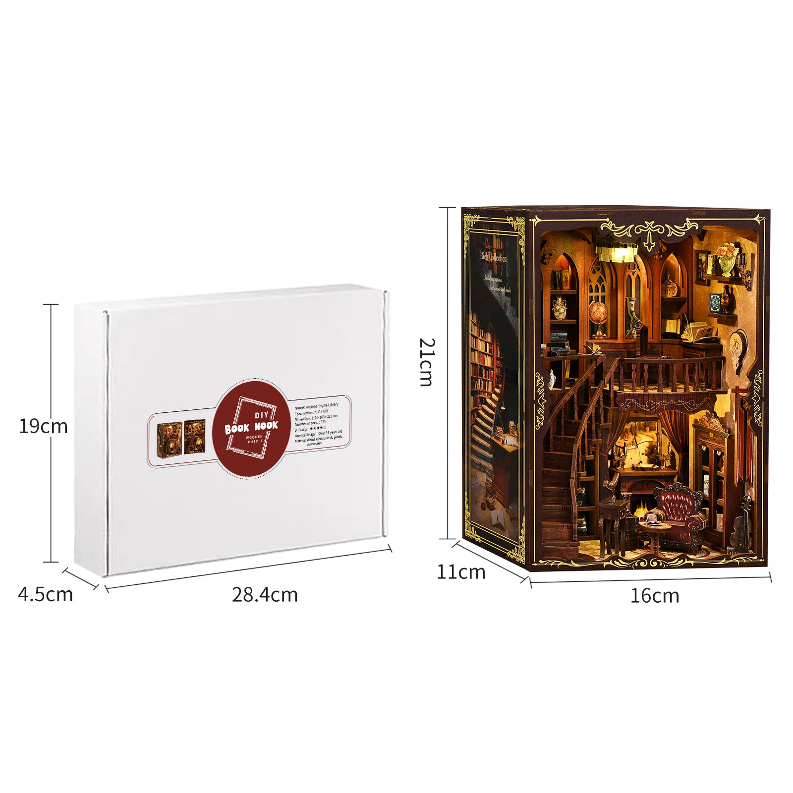 DIY miniatures kit packaging shown with front size dimensions on a box