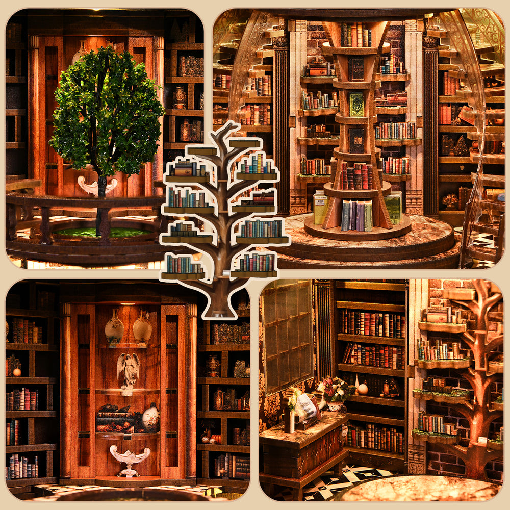 Miniature book repository interior views with central tree and surrounding tiny book shelves