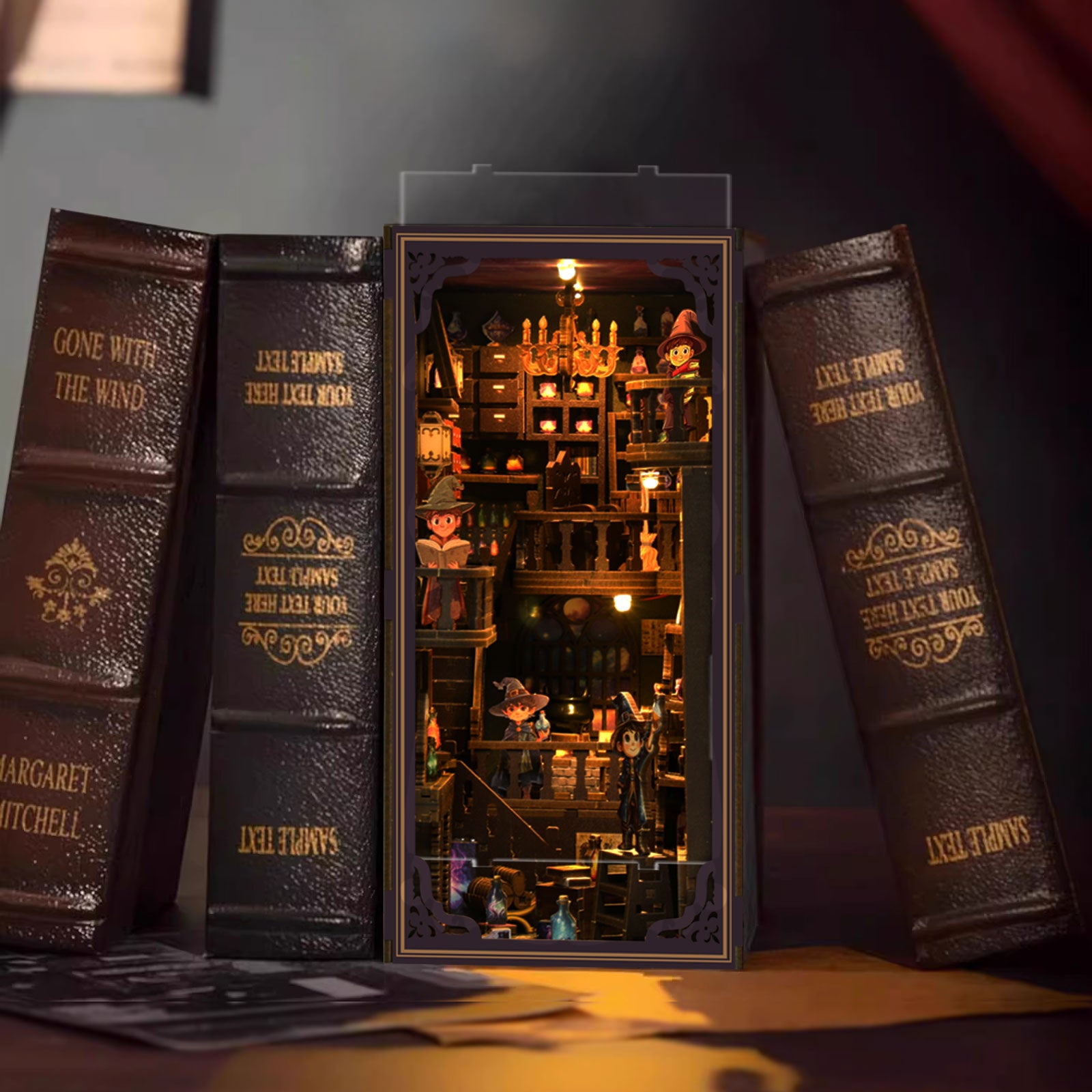 DIY book nook kit standing between open books with lit miniature shelves
