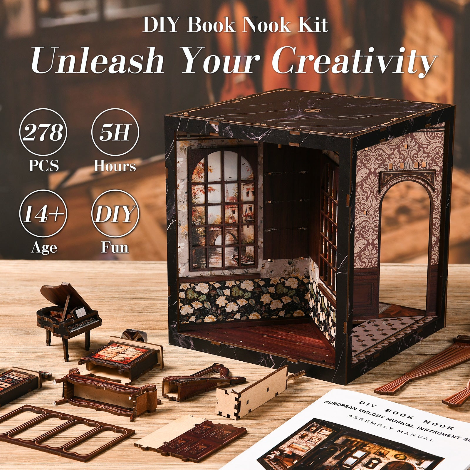 DIY miniature book nook kit box with window and door panels, decorated interior
