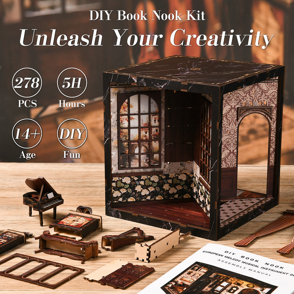 DIY miniature book nook kit box with window and door panels, decorated interior