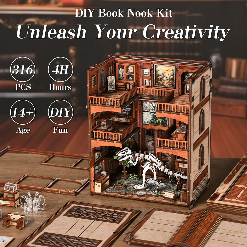 DIY miniature kit with multi-level wooden book nook model and dinosaur skeleton pieces