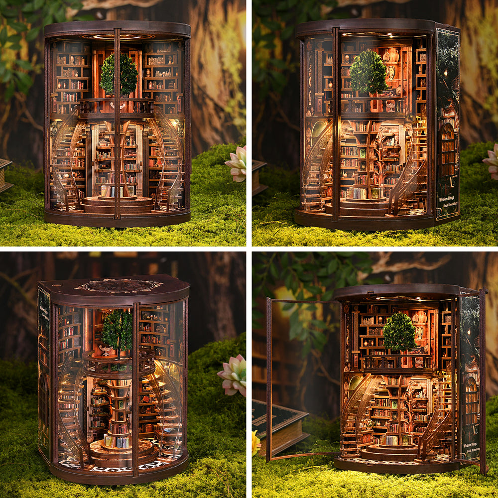 Miniature wooden book repository display shown from multiple angles with open door details